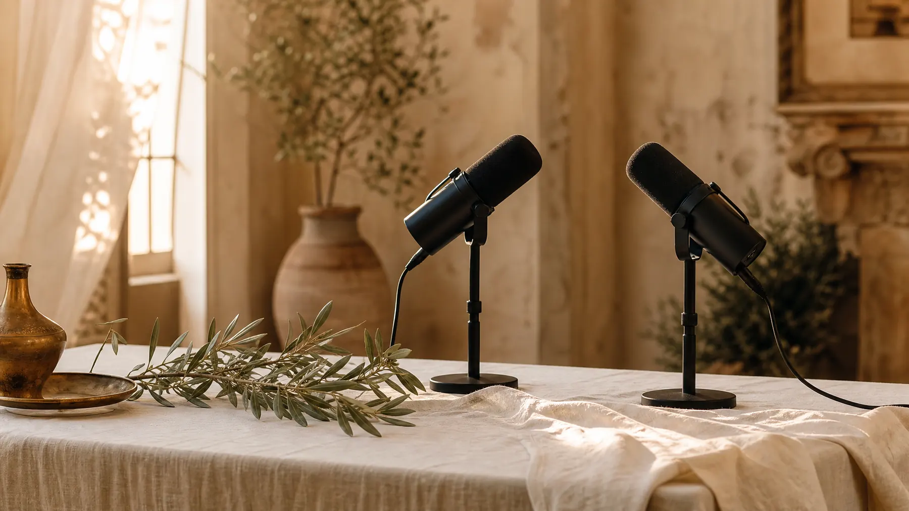 Editorial cover concept of two microphones on linen — conceptual, not a documented event.