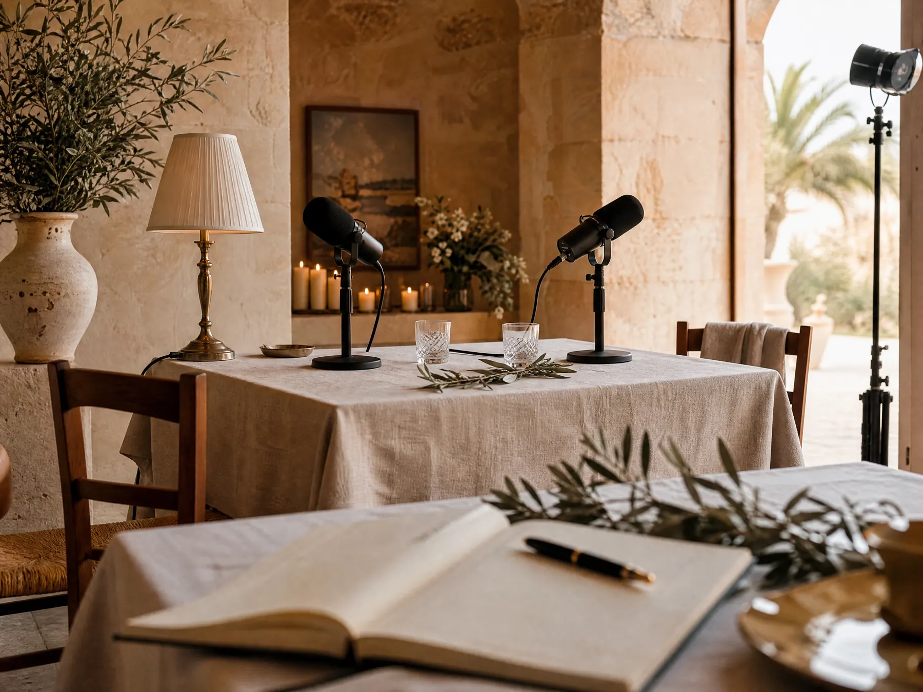 Conceptual still life with a paper guestbook in the foreground and a two-microphone table beyond.