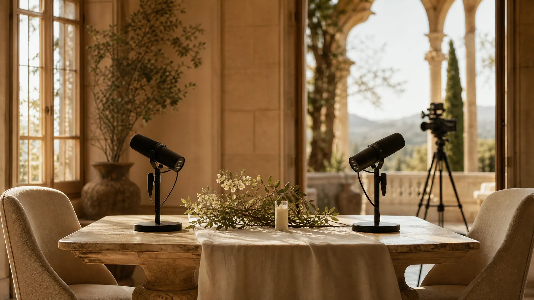 Conceptual editorial of an empty elegant wedding podcast table with two broadcast microphones — not a documented ON WEDDING podcast event.