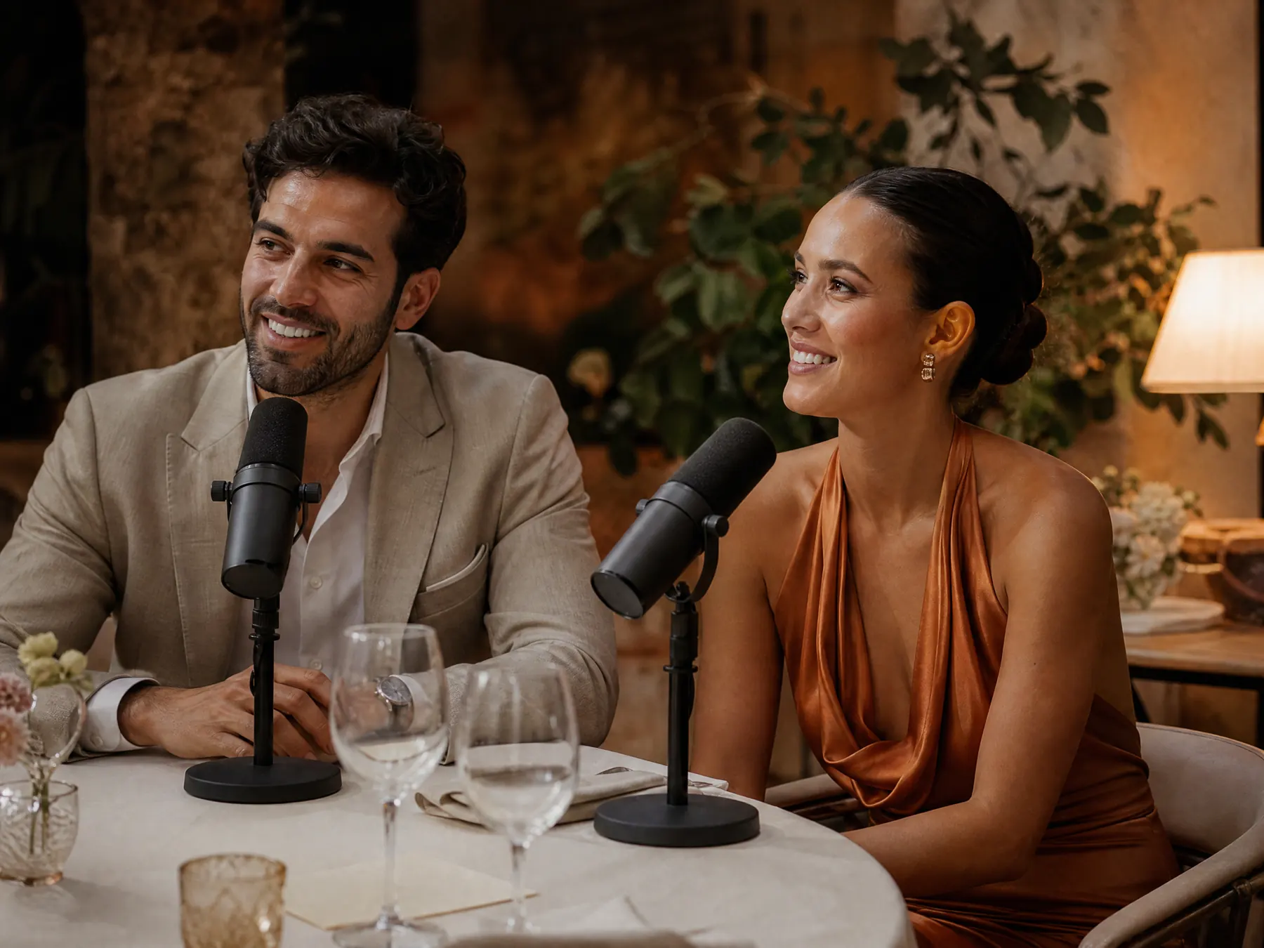 Conceptual editorial of two guests sitting at a two-microphone table.